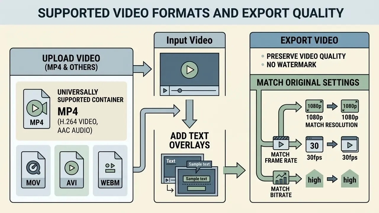 Diagram showing the workflow to add text to video online while maintaining original file quality