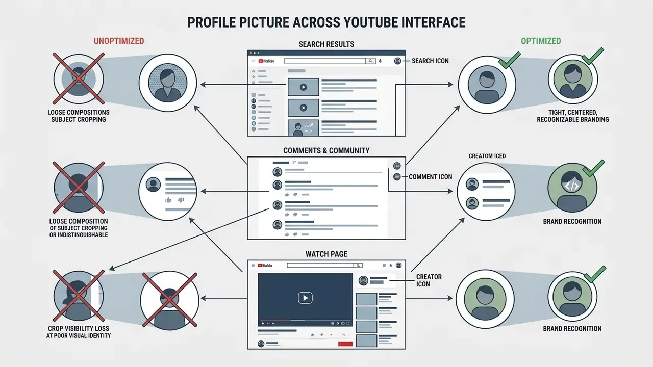 Diagram comparing unoptimized and optimized YouTube profile picture compositions across interface elements