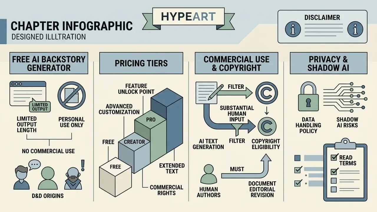 Infographic comparing free usage, tiered pricing, copyright eligibility, and data privacy considerations