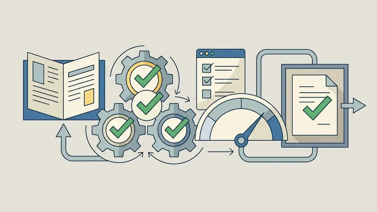 Linked gears and documents showing a systematic review process for content compliance and approval