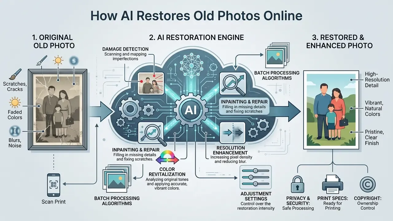 Diagram illustrating the AI restoration process from damaged original photo to enhanced final version