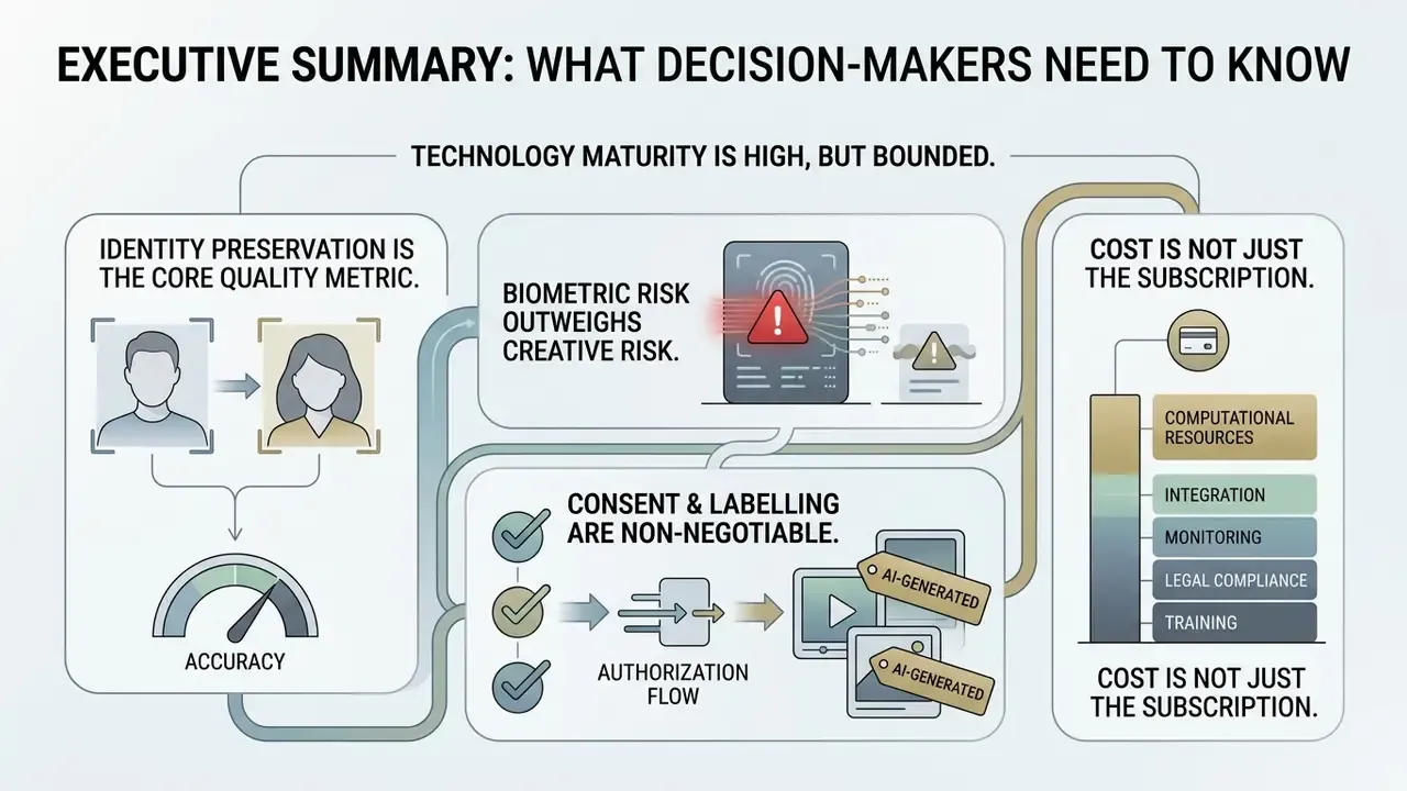 Infographic showing key considerations for AI technology including identity preservation, biometric risk, and costs