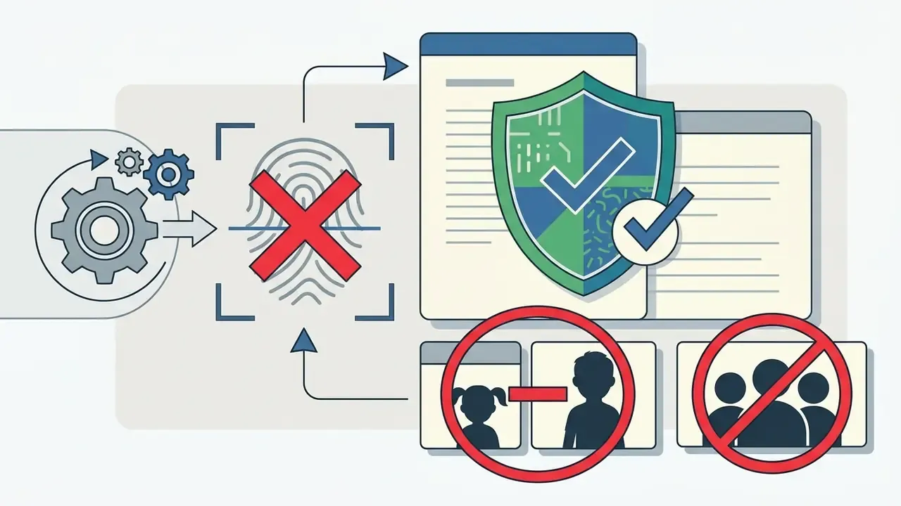 Gear system processing biometric data with shields and prohibition signs over photos of minors and groups