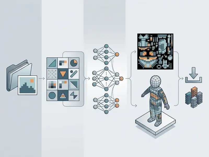 Process flow showing image upload, style selection, neural network processing, and final file download
