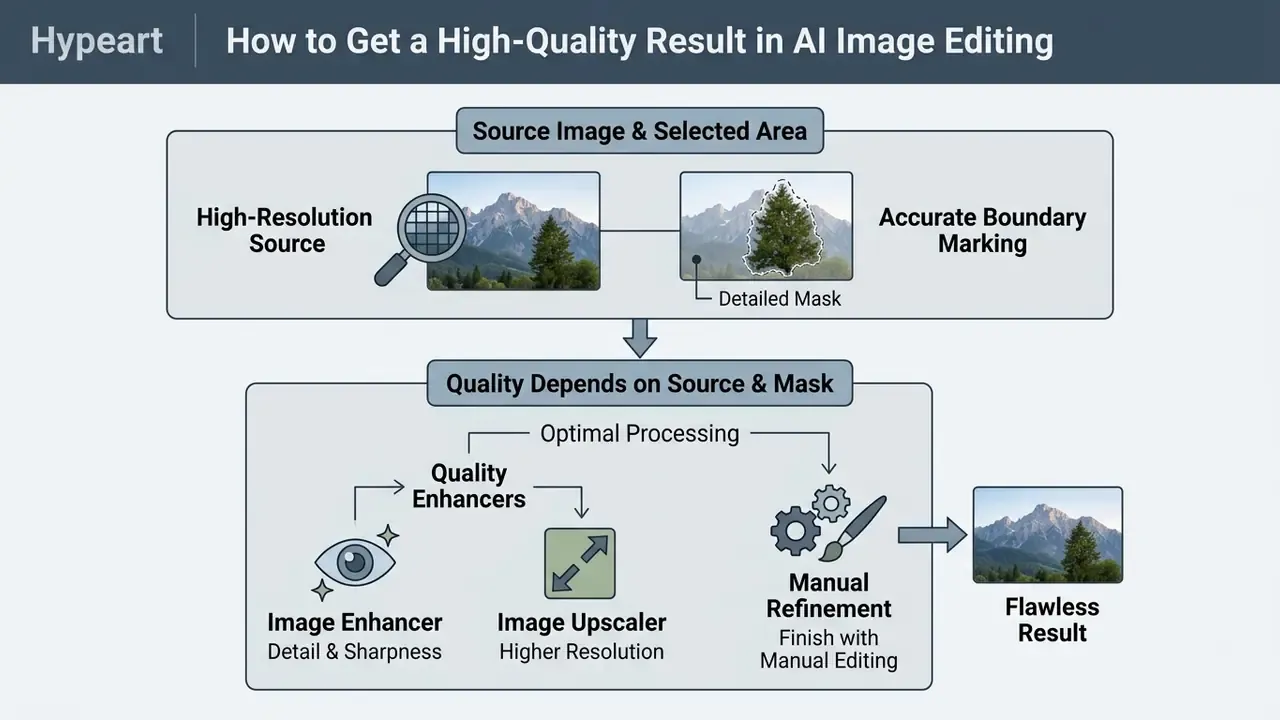 Flowchart showing how high-resolution sources and precise masking lead to refined digital outputs