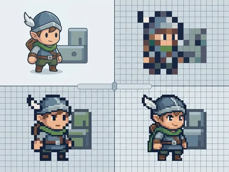 Comparison of a cartoon character rendered in three different grid resolutions and pixel densities