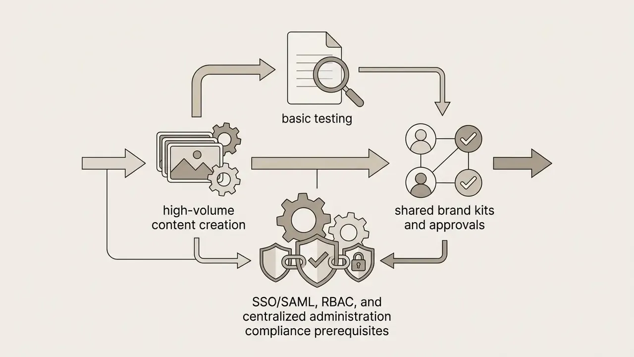 Icons for content creation, testing, team approvals, and security compliance linked by directional arrows