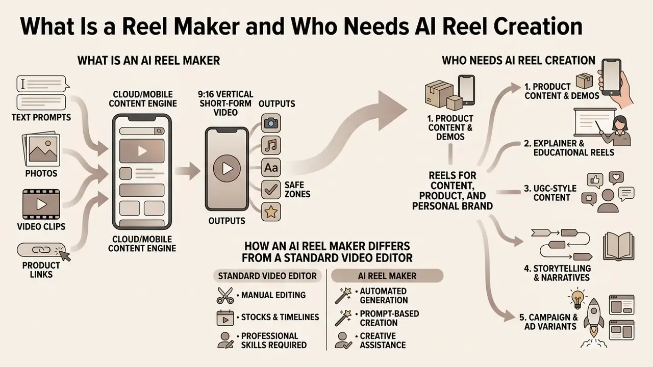 Infographic showing how an AI reel maker processes various inputs into vertical videos for diverse uses