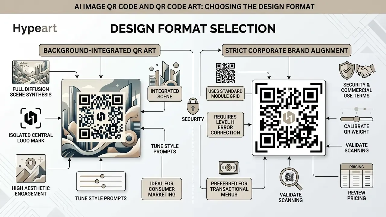 Comparison infographic showing two distinct QR code design approaches for brand integration and utility