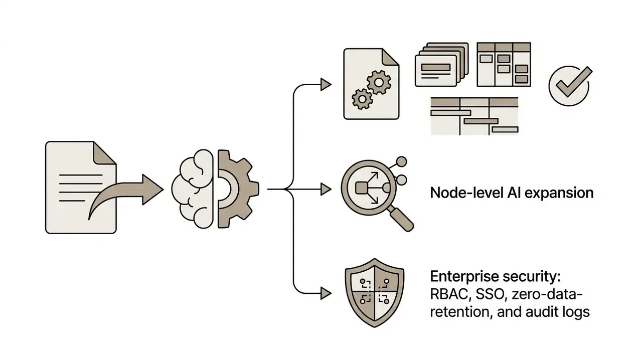 Document processing by a brain-gear engine into various export formats, AI expansion, and enterprise security