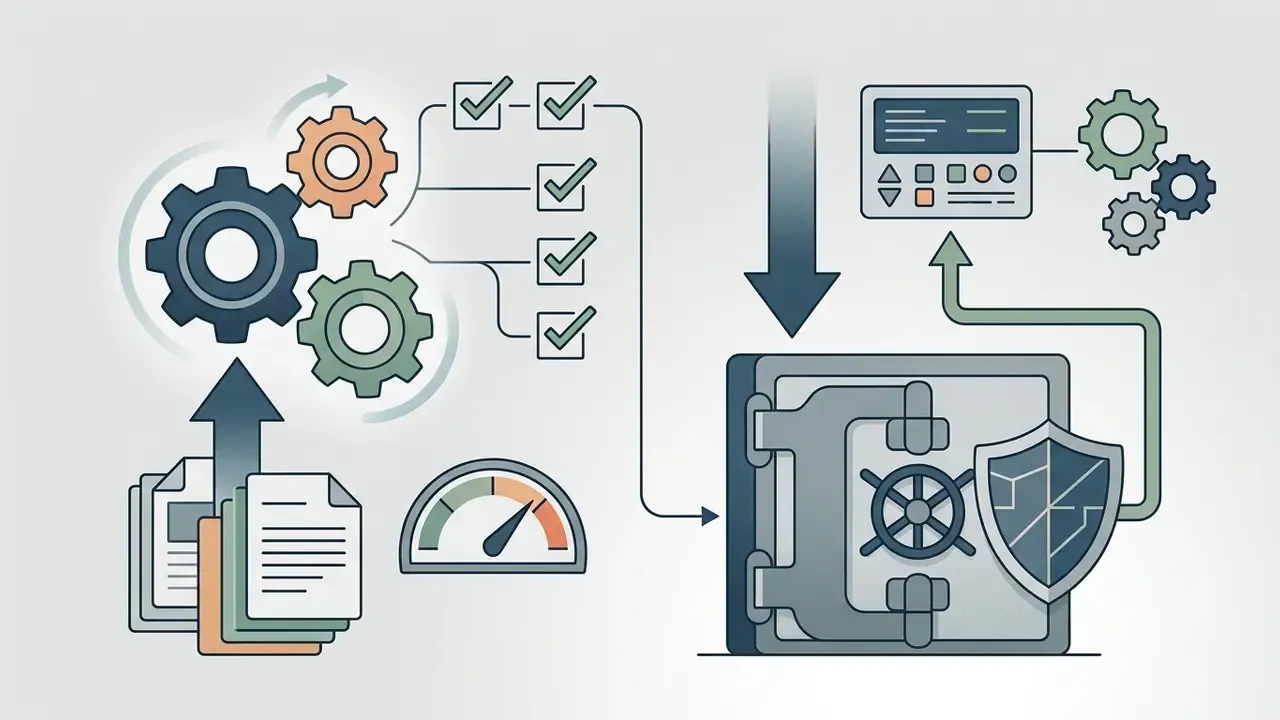 Diagram showing documents being processed through gears and checklists into a secure vault system