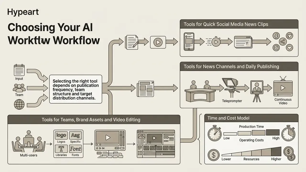 Decision tree infographic mapping production requirements to specific publishing tools and cost models