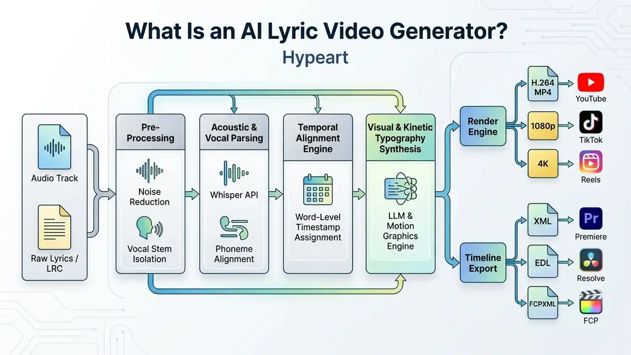 Flowchart detailing the technical stages of an AI lyric video generator from audio input to final export