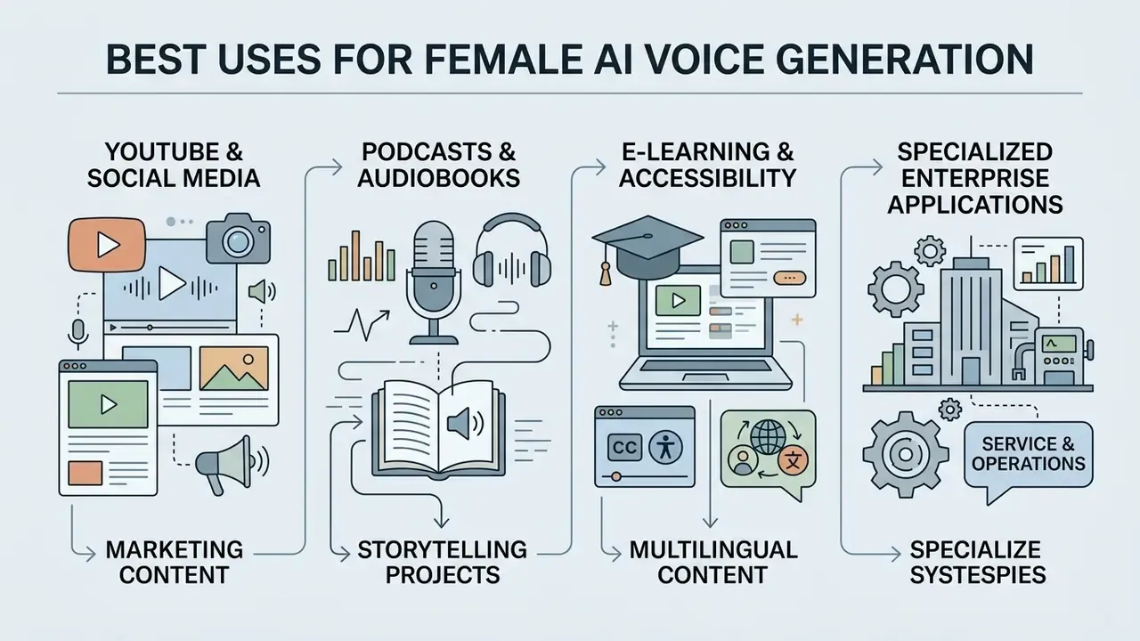 Four-part diagram showing diverse applications for a female AI voice generator in media and enterprise