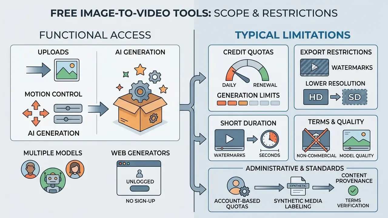 Diagram comparing functional access features against typical limitations of a free image-to-video tool