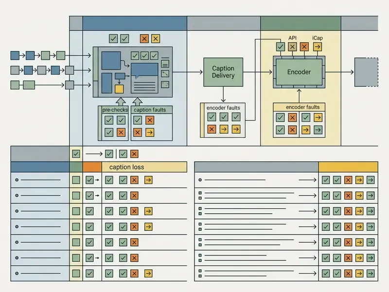 Diagnostic table showing troubleshooting workflows for caption delivery and encoder fault conditions