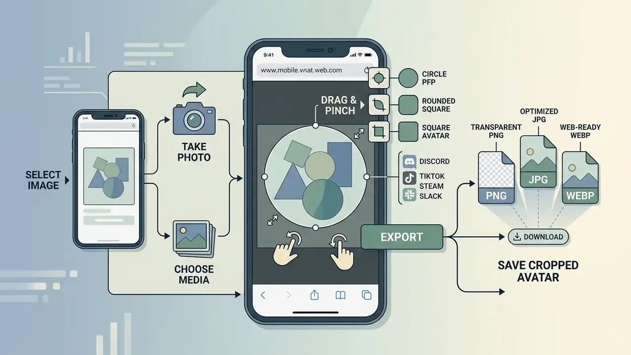 Smartphone interface demonstrating gesture controls for resizing and exporting profile images