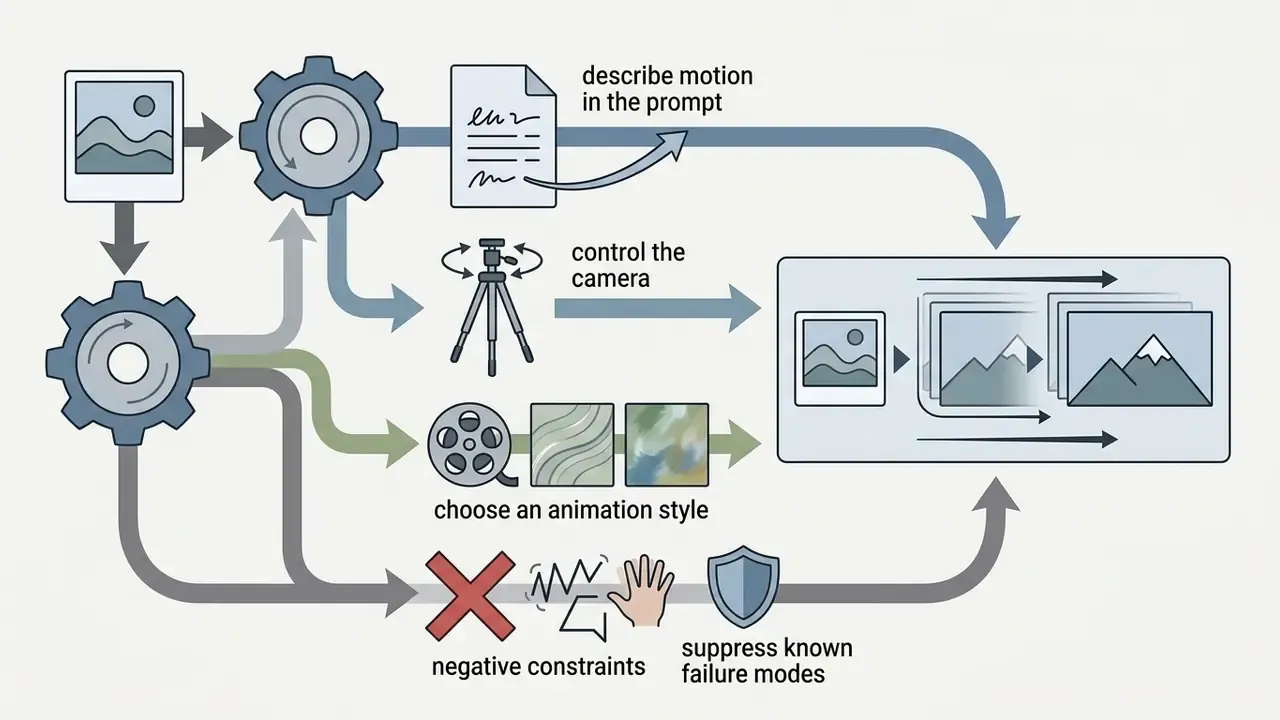 Flowchart showing how prompts, camera controls, styles, and negative constraints generate video frames