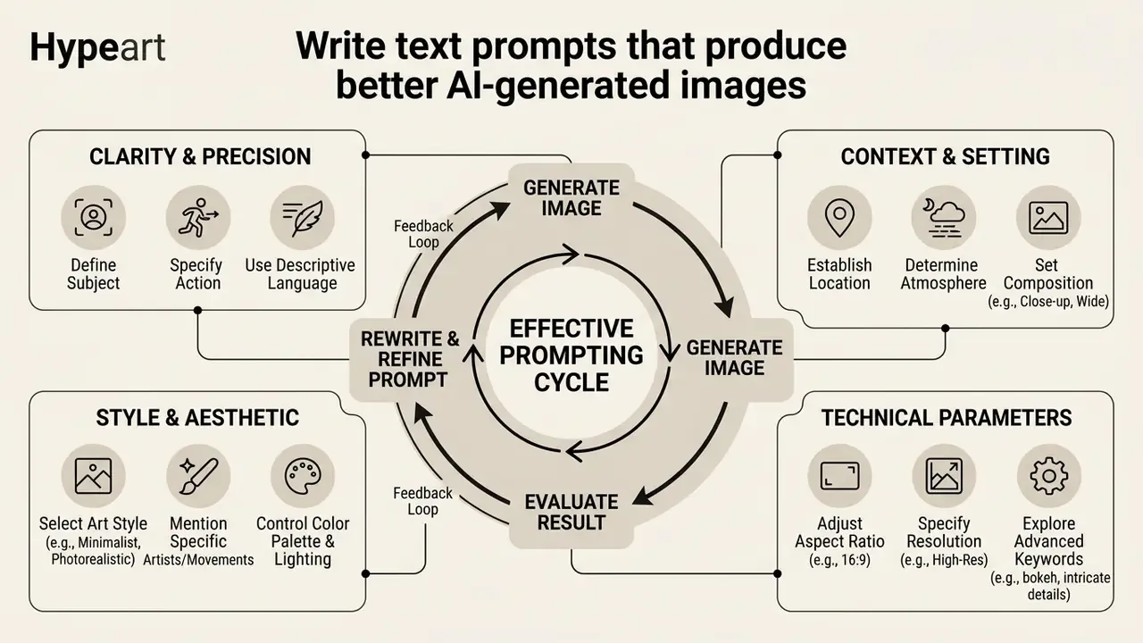 Circular flowchart illustrating the iterative process of refining text prompts for AI art generation