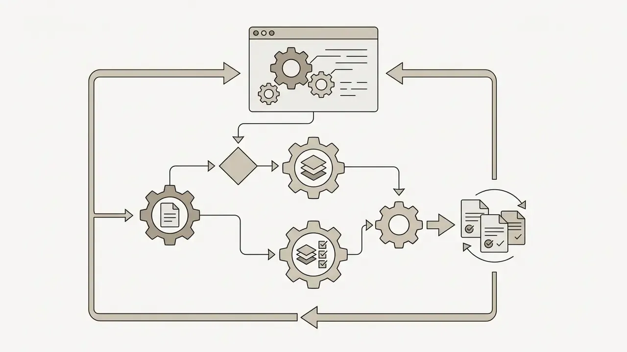 Files moving through gear-driven processing steps to generate a cycle of checked and approved documents