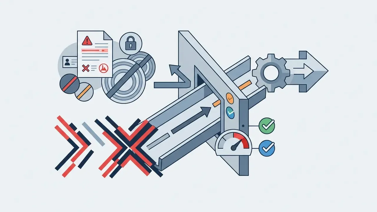 Document with warning symbols being blocked from entering a gated processing pipeline