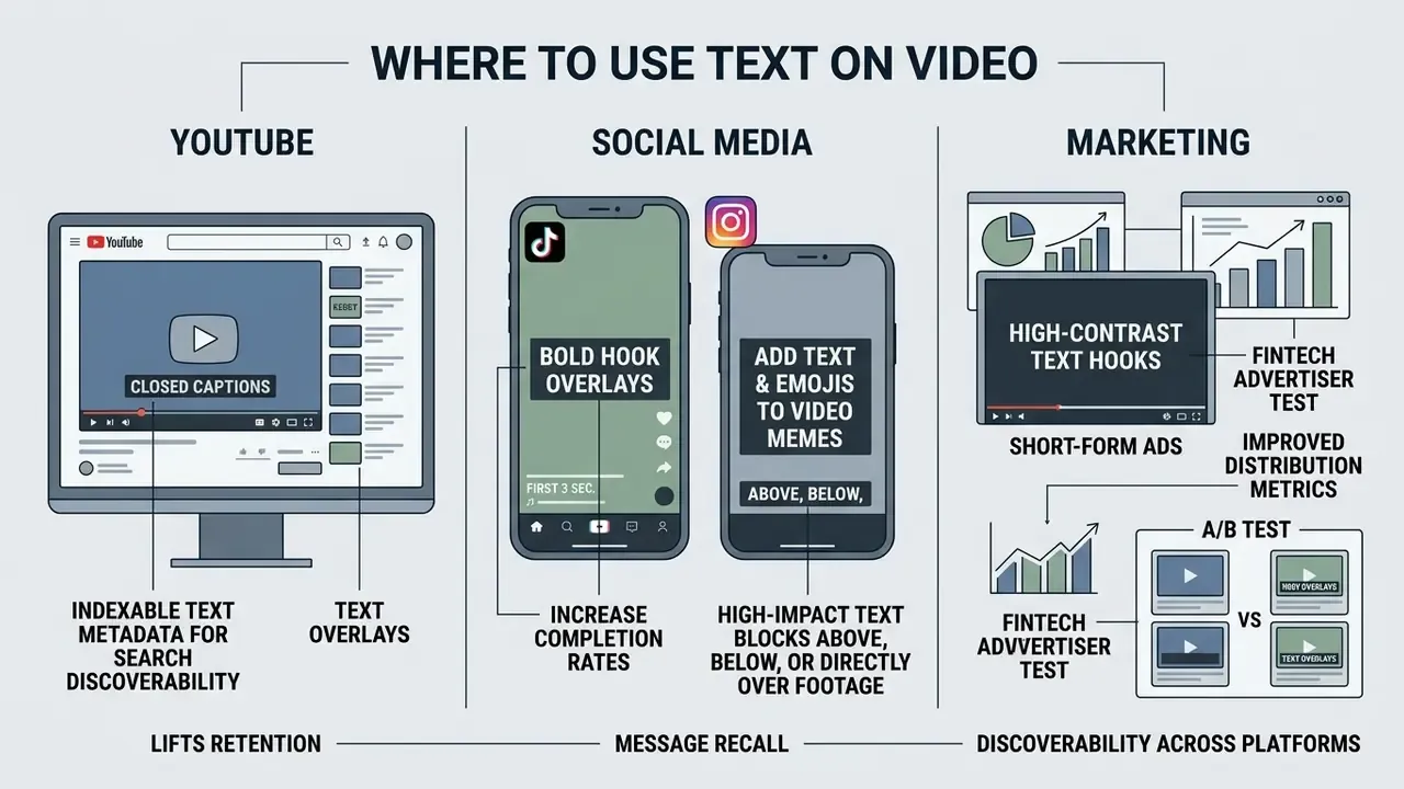 Diagram showing text overlay strategies for YouTube, social media platforms, and marketing campaigns