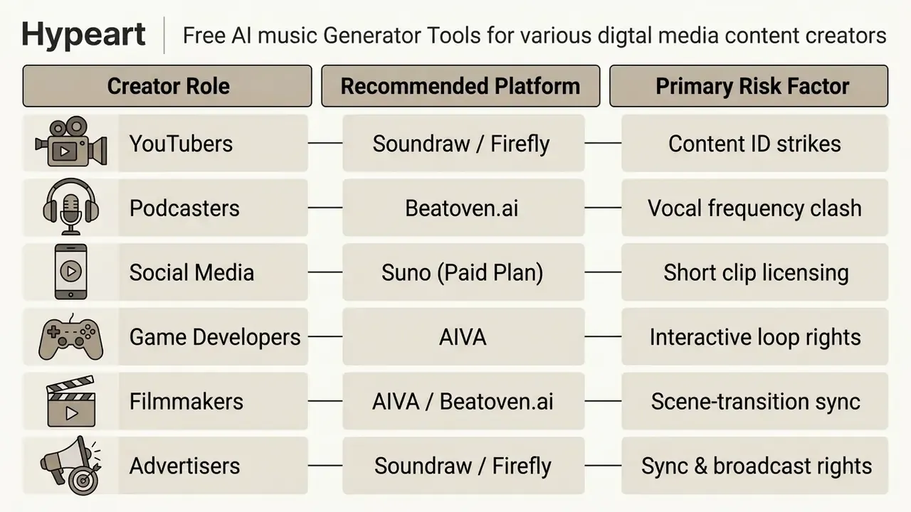 Table mapping creator roles to recommended AI music generator platforms and their primary risk factors