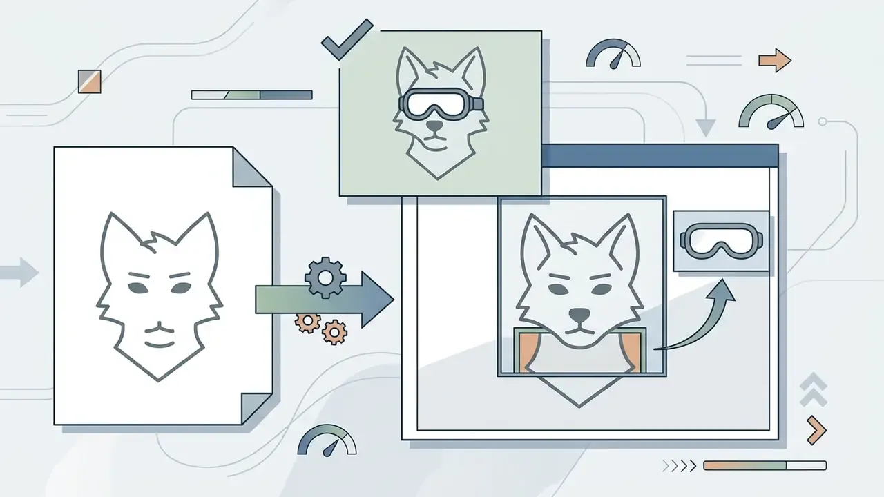 Document showing a wolf character being modified with goggles via a gear-driven inpainting process