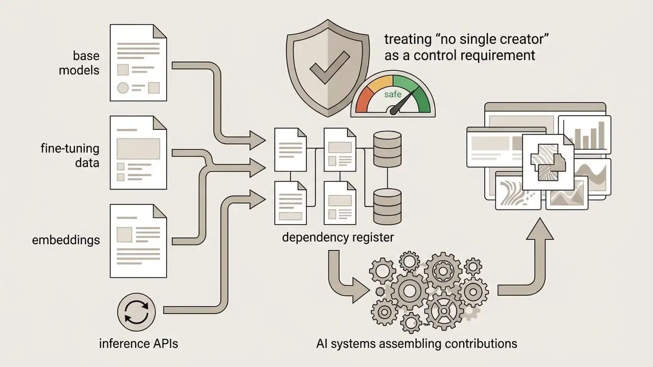 Diagram showing base models and data feeding into a dependency register for AI systems