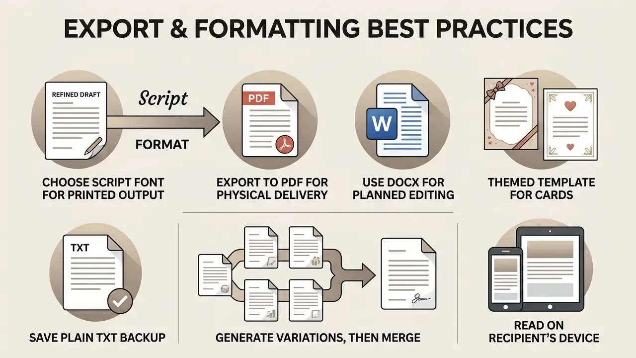 Icons and text summarizing document formatting steps including PDF export, DOCX editing, and device testing