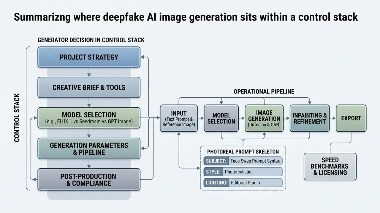 Diagram mapping the operational pipeline and control stack for a deepfake AI image generator