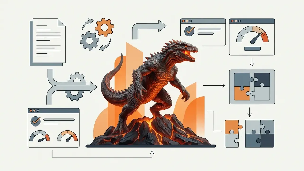 Photorealistic reptilian fire creature standing on a volcanic rock surrounded by technical processing icons