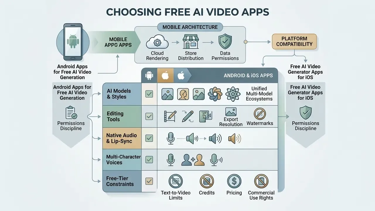 Flowchart comparing mobile architecture and feature sets for Android and iOS AI video generator apps