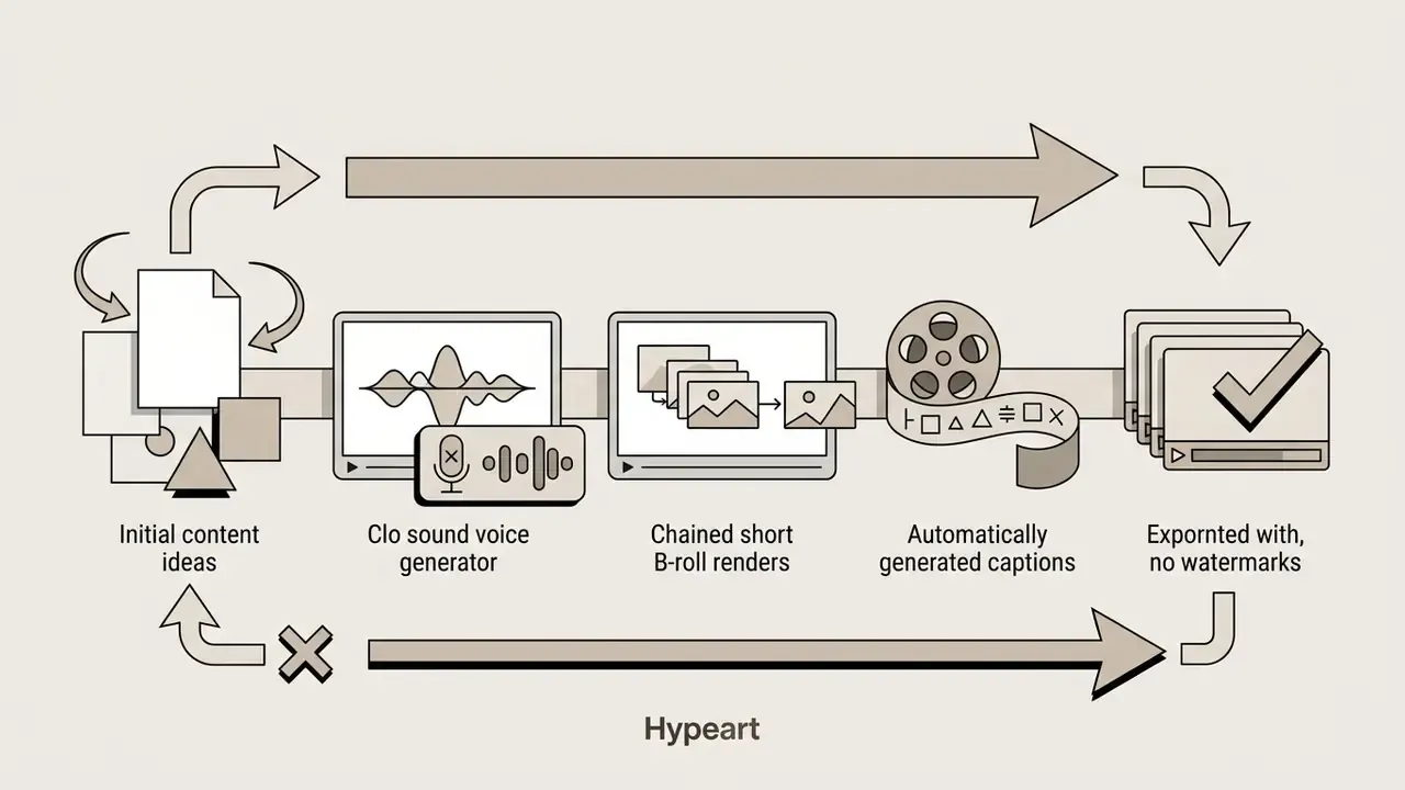 Looping process showing content ideas, voice generation, B-roll, and captions for watermark-free videos