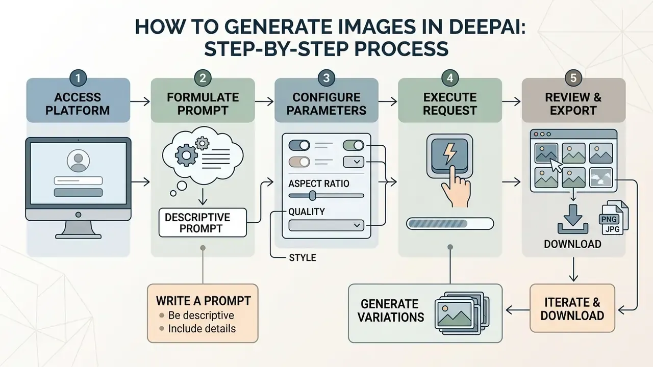 Five numbered steps detailing the workflow for creating synthetic imagery using a deep AI image generator