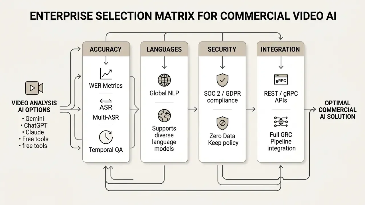 Matrix evaluating commercial AI options based on accuracy, language support, security, and integration