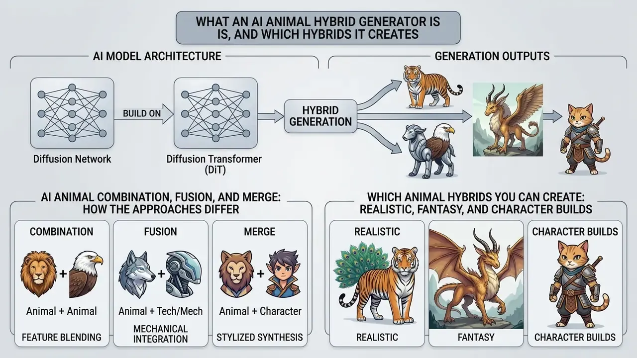 Diagram showing how diffusion models process animal combinations, fusions, and character builds