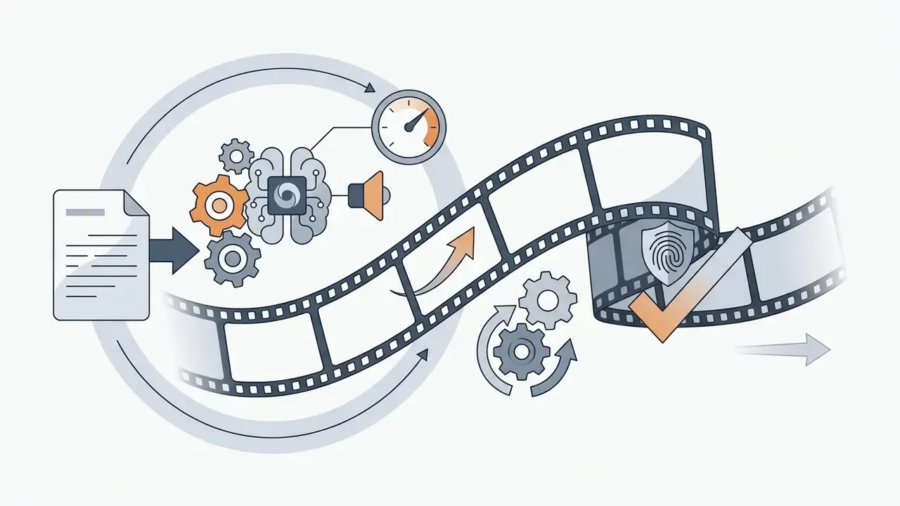 Document text converting into a film strip with AI processing icons and a digital watermark shield