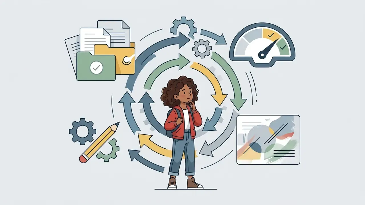 Young girl in a red jacket standing inside a circular cycle of arrows surrounded by icons of files and gears