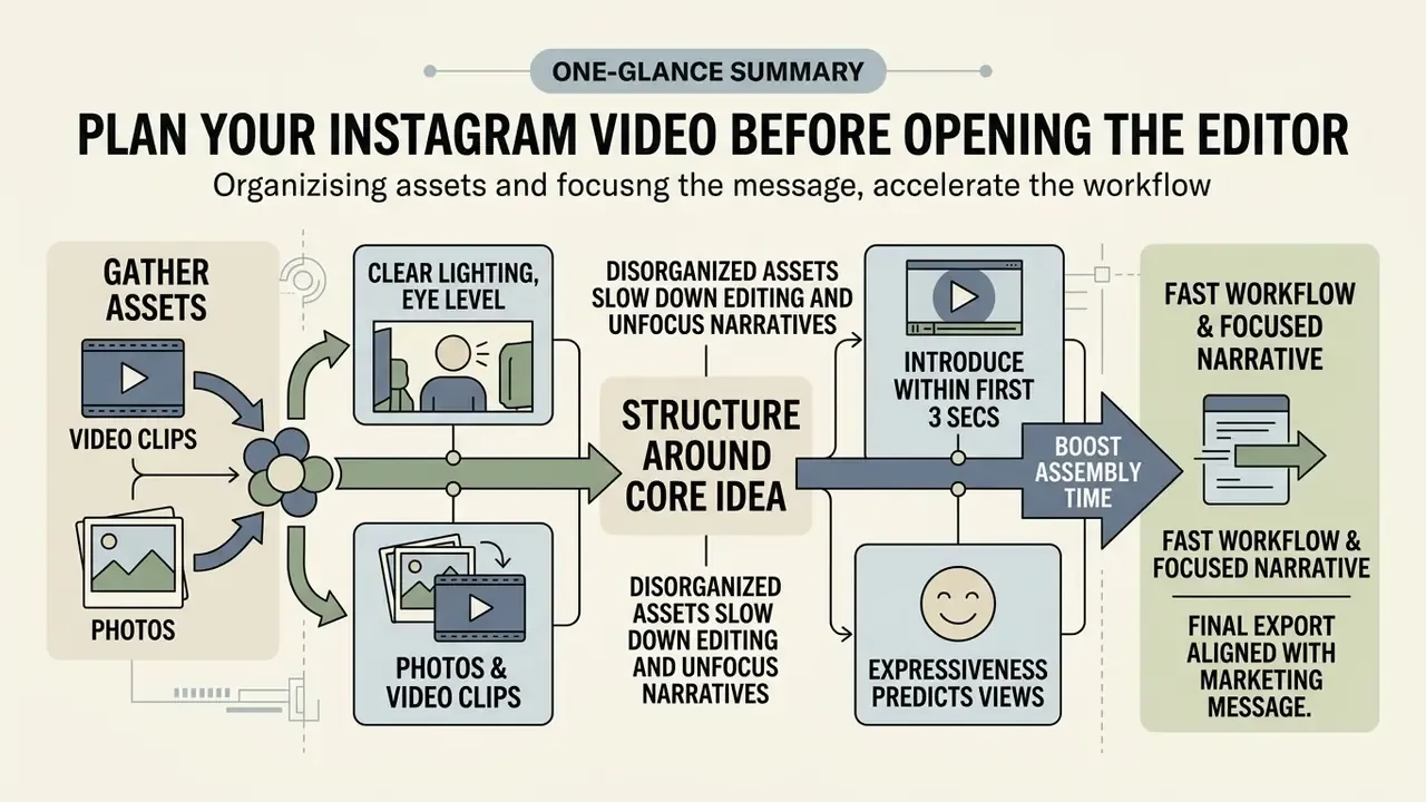 Flowchart illustrating the process of gathering media assets and structuring a video around a core idea