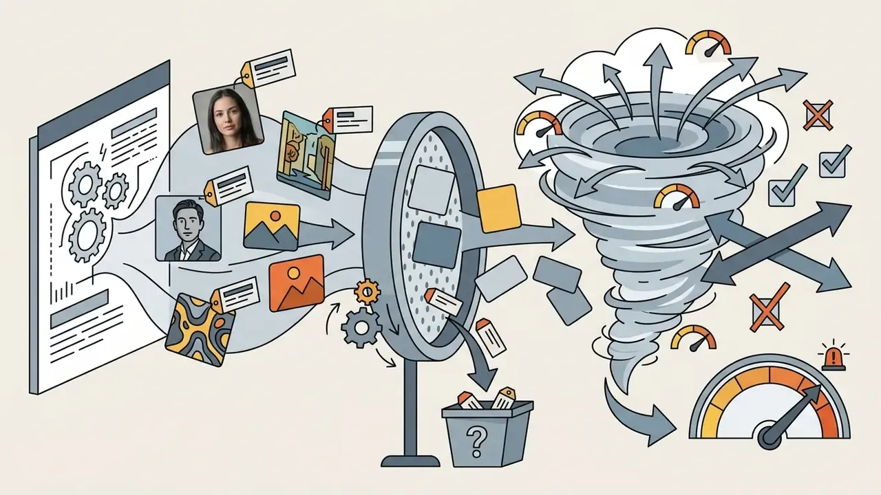 Images and data passing through a filter into a chaotic tornado representing the spread of misinformation