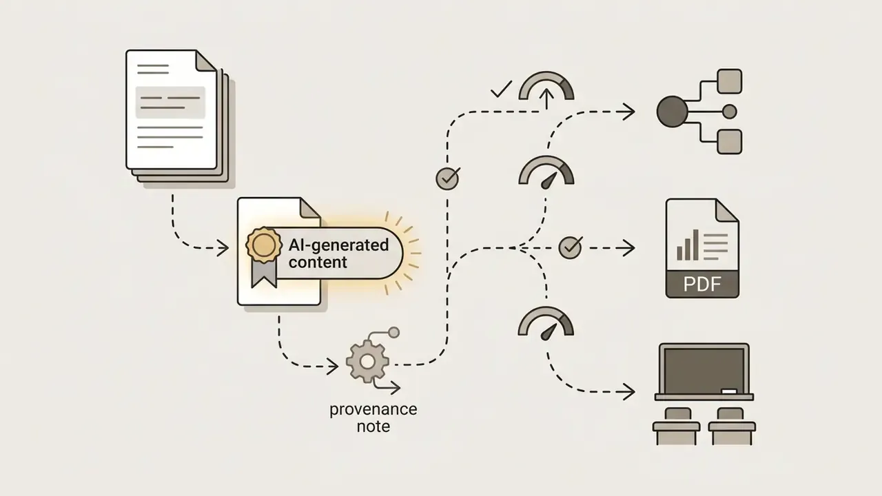 Documents labeled as AI-generated content flowing through a gear and gauges to classroom and PDF formats