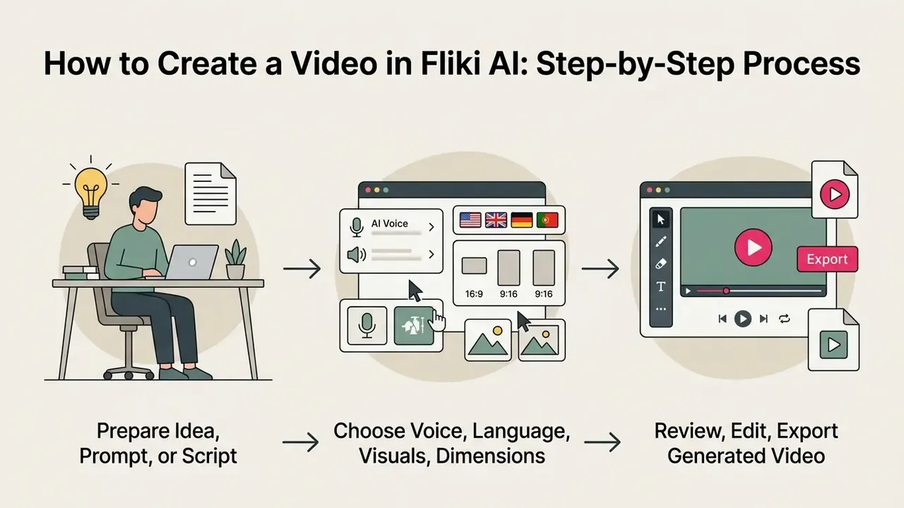 Three-step visual guide showing a person preparing a script, customizing settings, and exporting a video