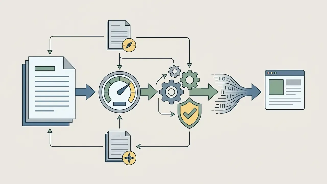 Technical documents feed into a gauge and gear mechanism with a shield icon to produce digital output