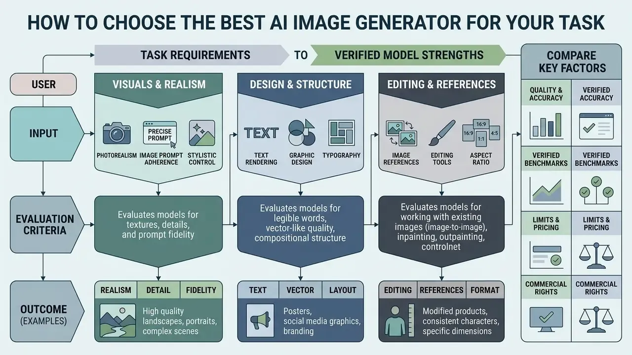 Flowchart mapping task requirements to model strengths for selecting a free AI image generator in 2025