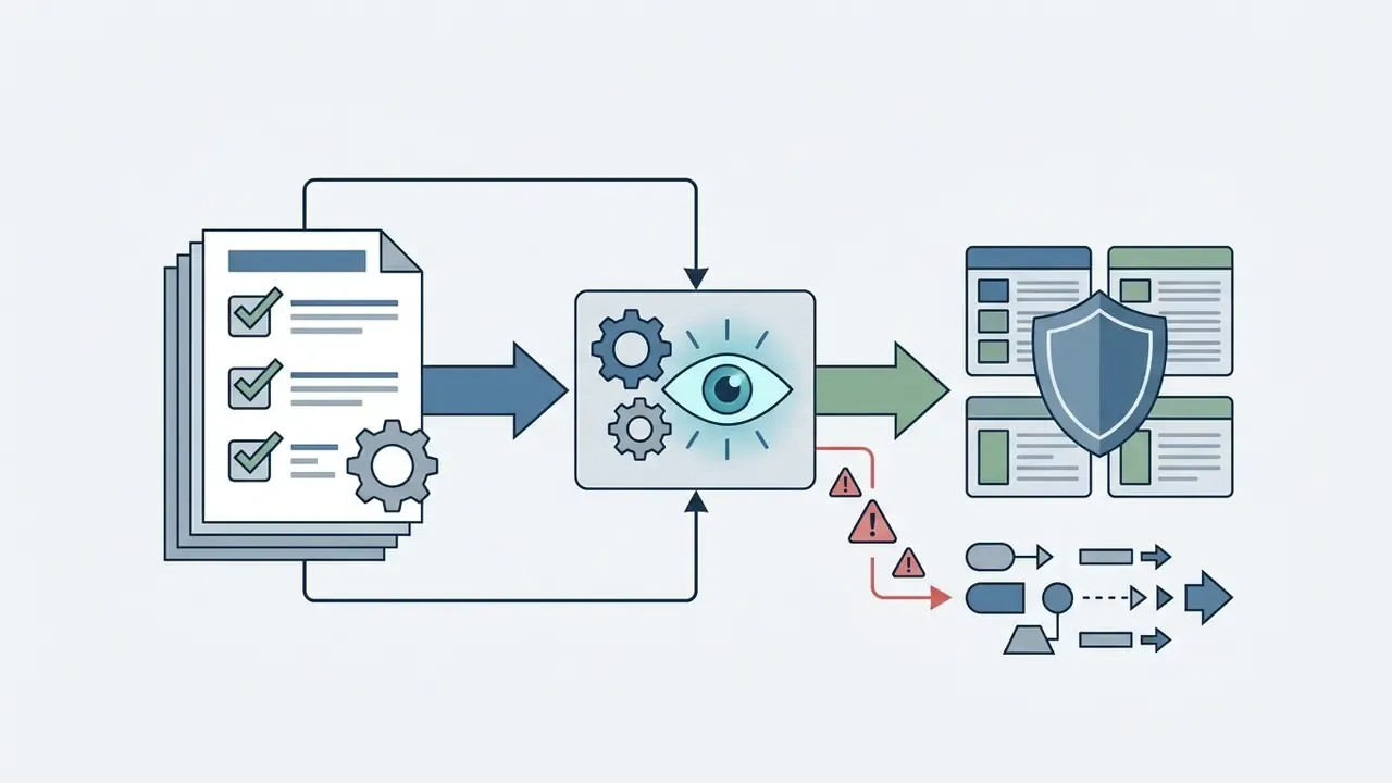 Checklist feeding into a vision processor that routes validated entries to a secure database and issues