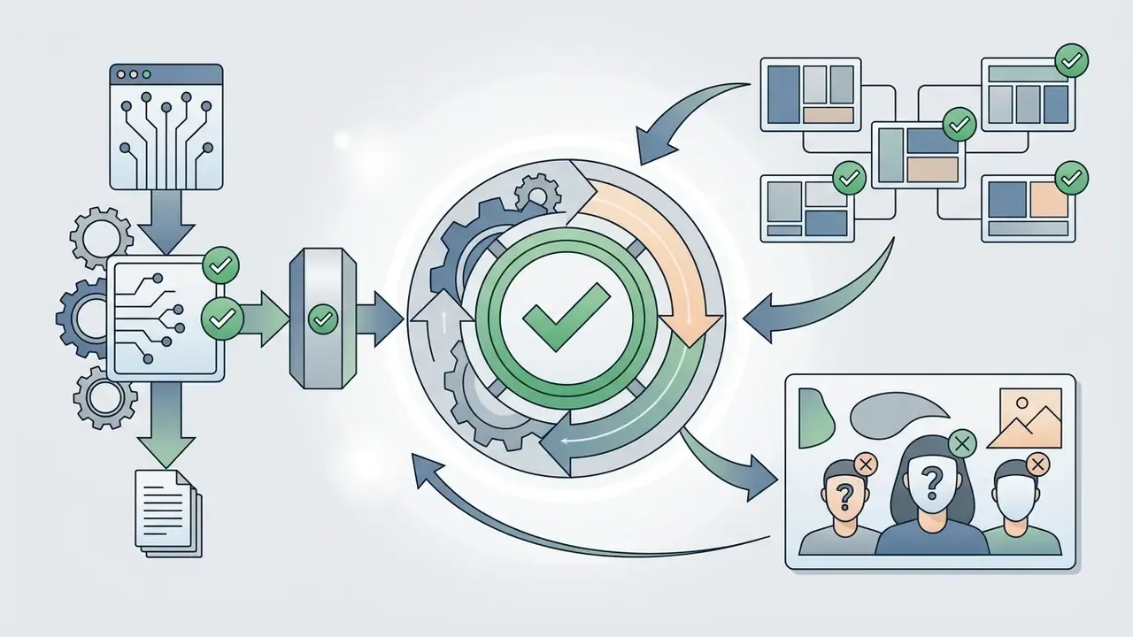 Digital system evaluating templates and human likenesses with checkmarks and question marks for compliance