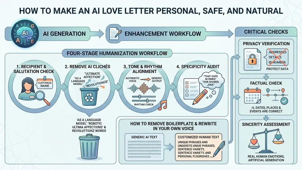 Diagram detailing a four-stage humanization workflow and critical checks for refining romantic text