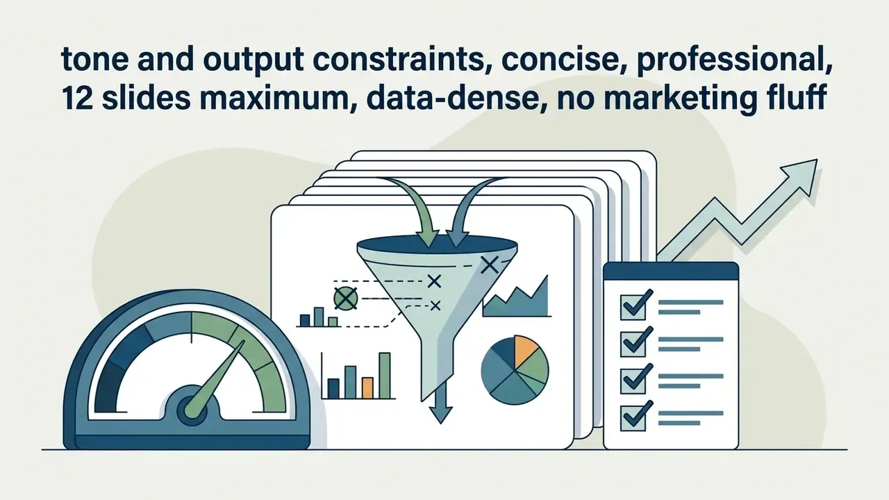 Data funnel processing information into slide layouts alongside a progress gauge and a checklist