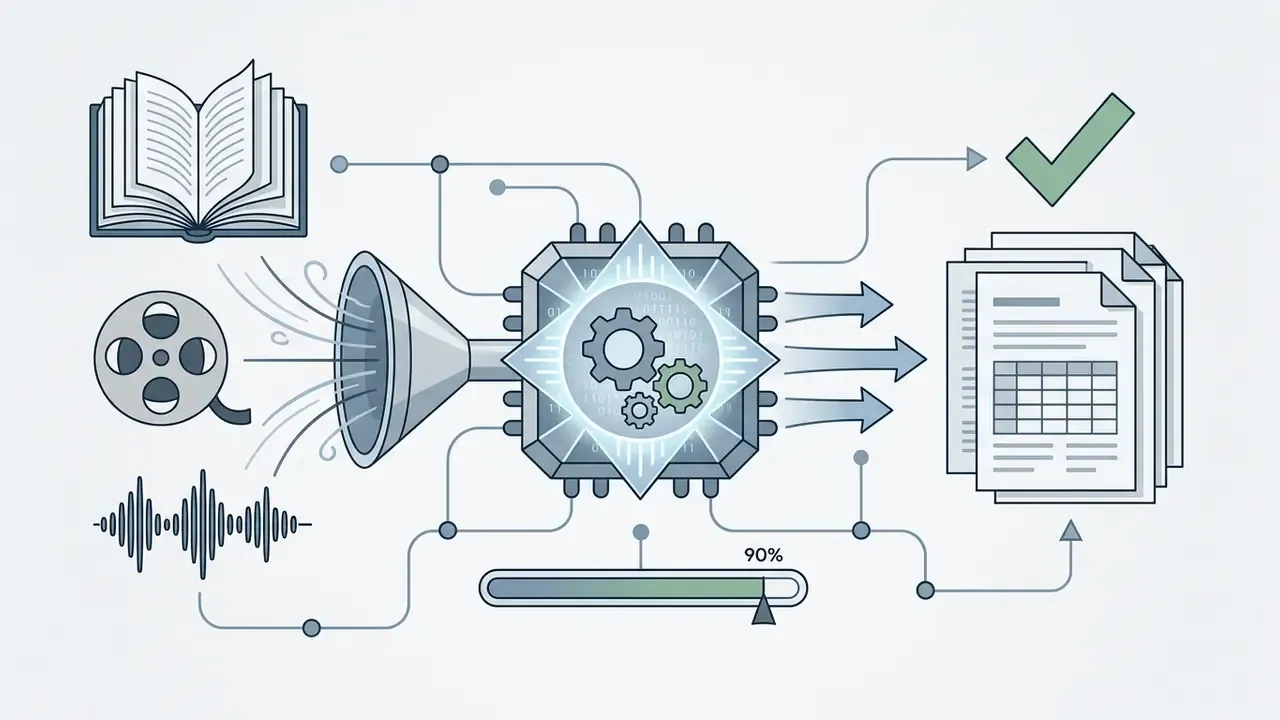 Media files and documents feeding into a processor that outputs structured data with a completion status